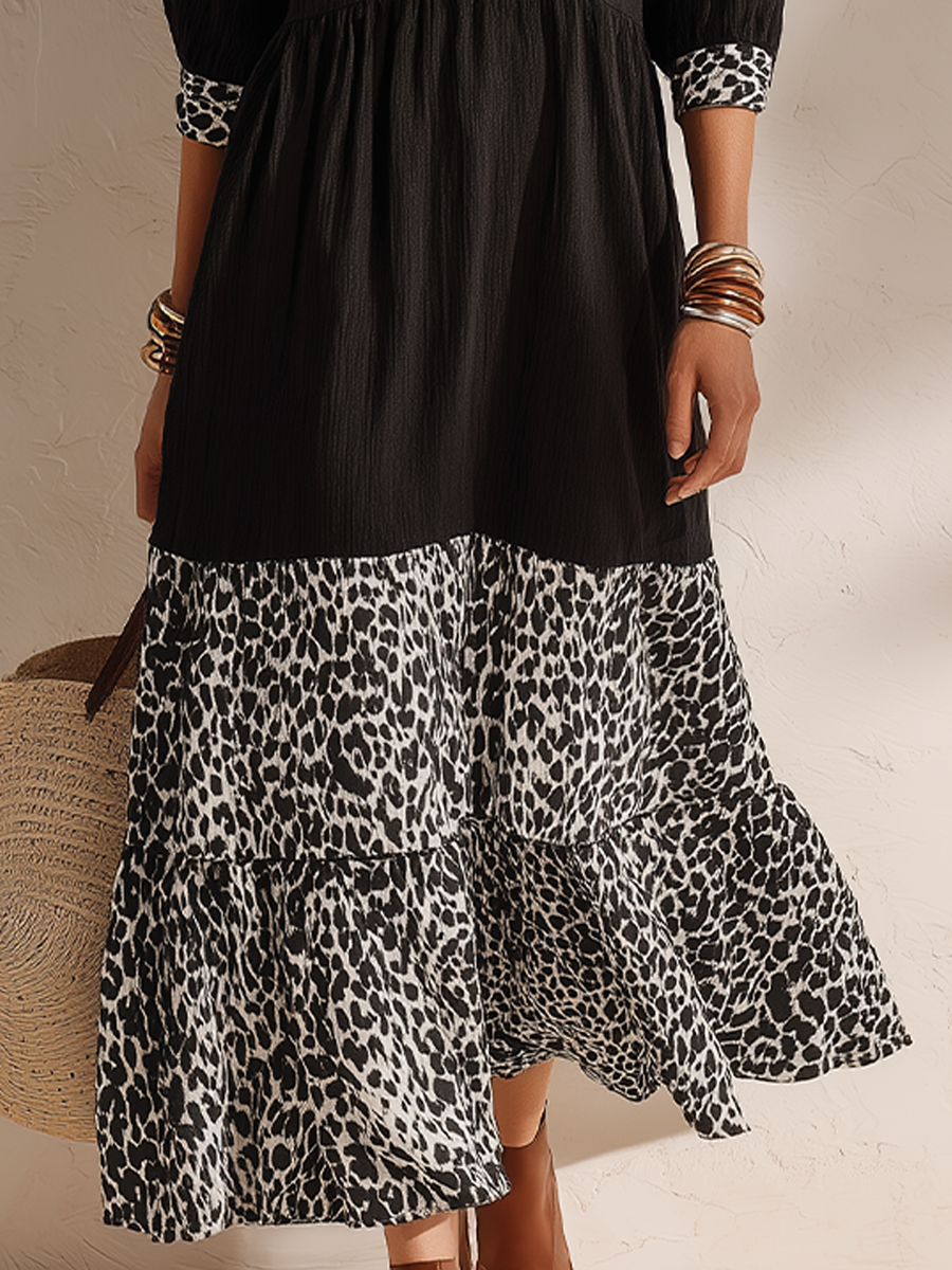 Chic Black Leopard-Panel Tiered Maxi Dress