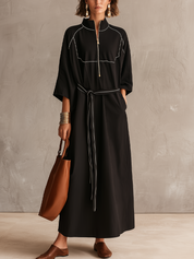 Polished Black Contrast-Piping Belted Maxi Dress