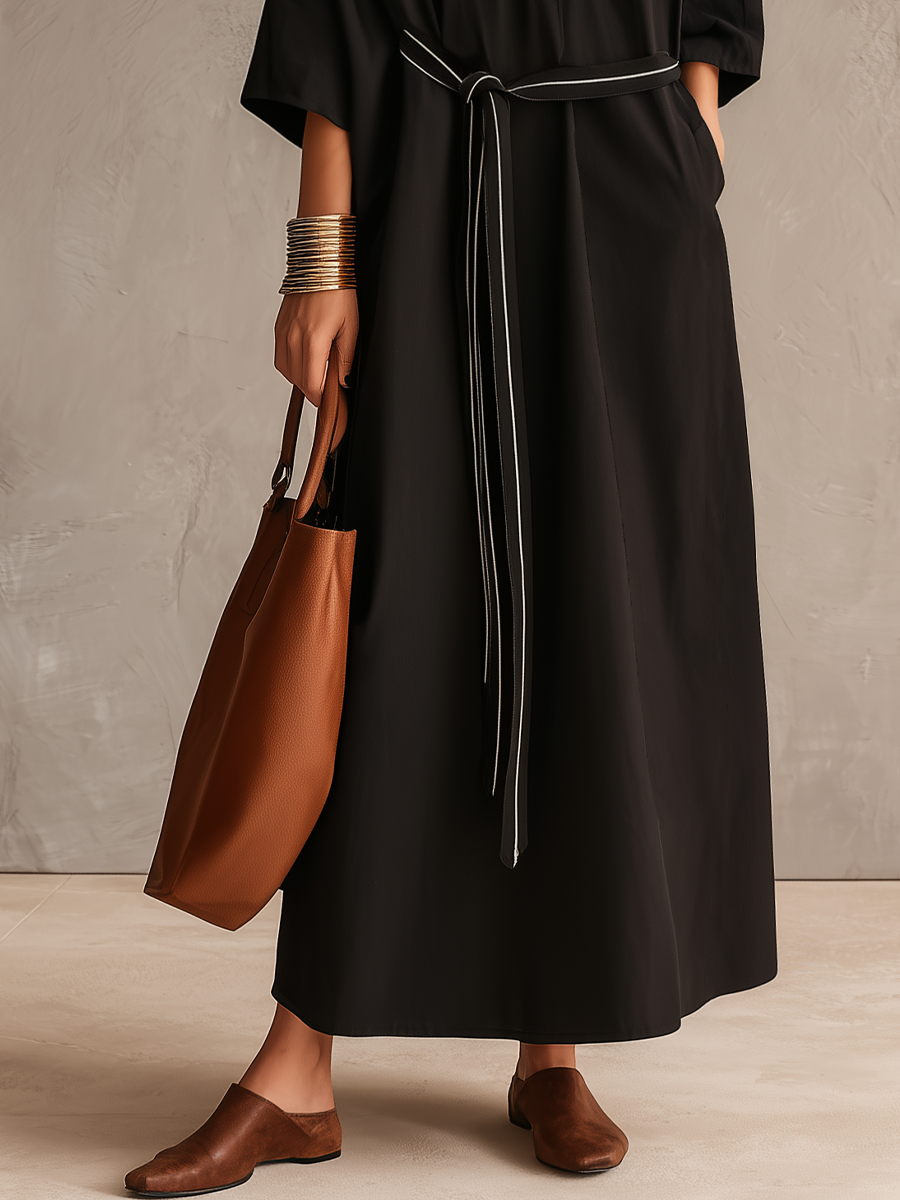Polished Black Contrast-Piping Belted Maxi Dress