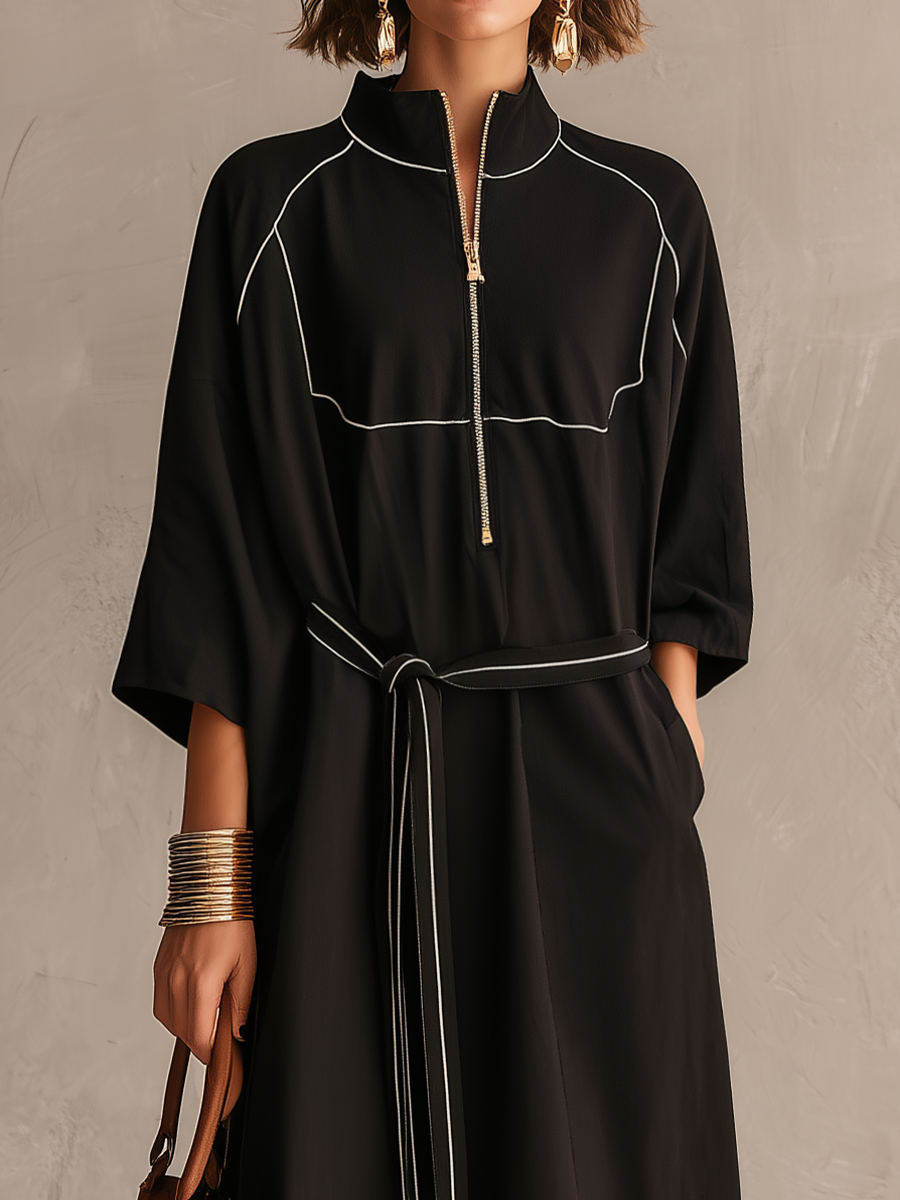 Polished Black Contrast-Piping Belted Maxi Dress