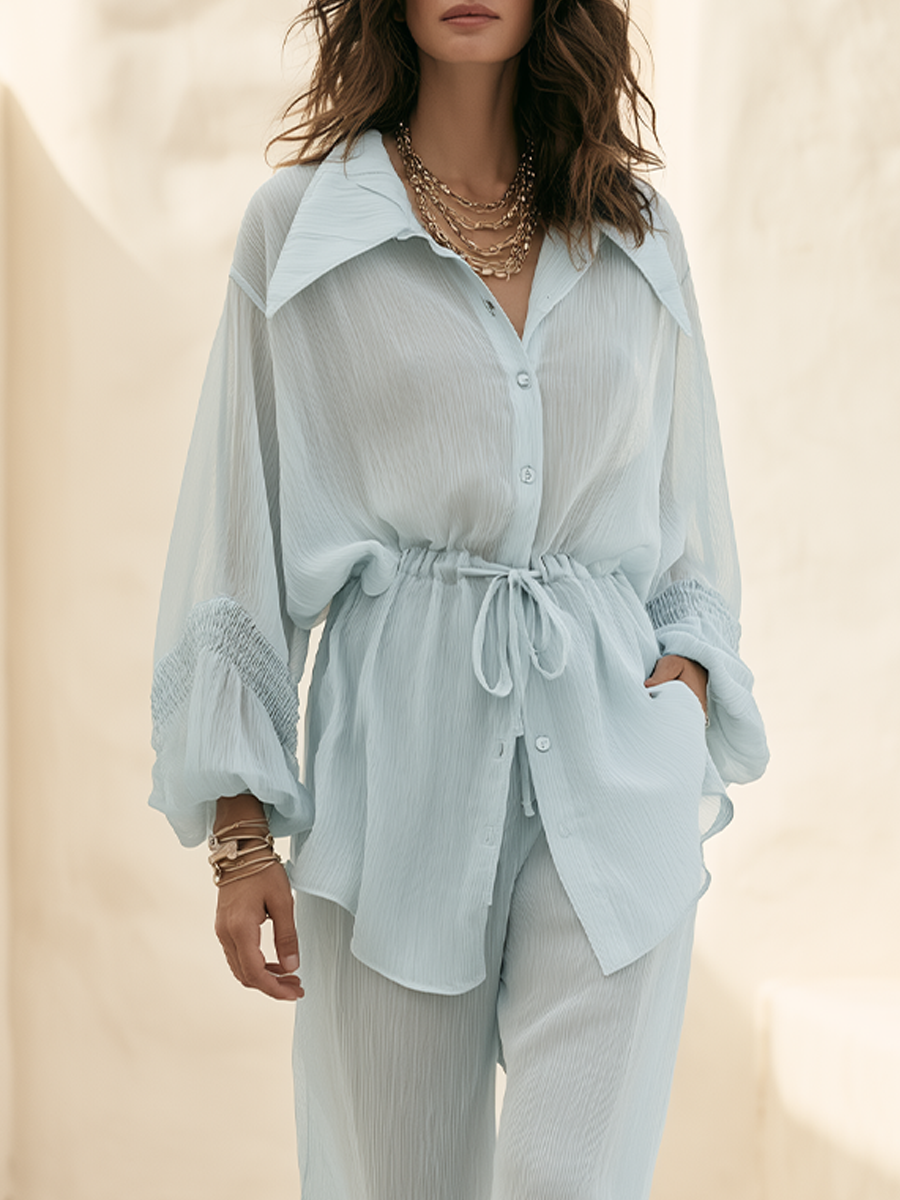 Bohemian Drawstring Waist Top And Ruffled Pants Set