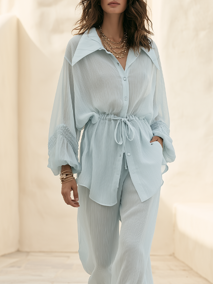 Bohemian Drawstring Waist Top And Ruffled Pants Set
