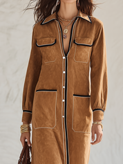 Refined Camel Contrast-Trim Utility Shirt Maxi Dress