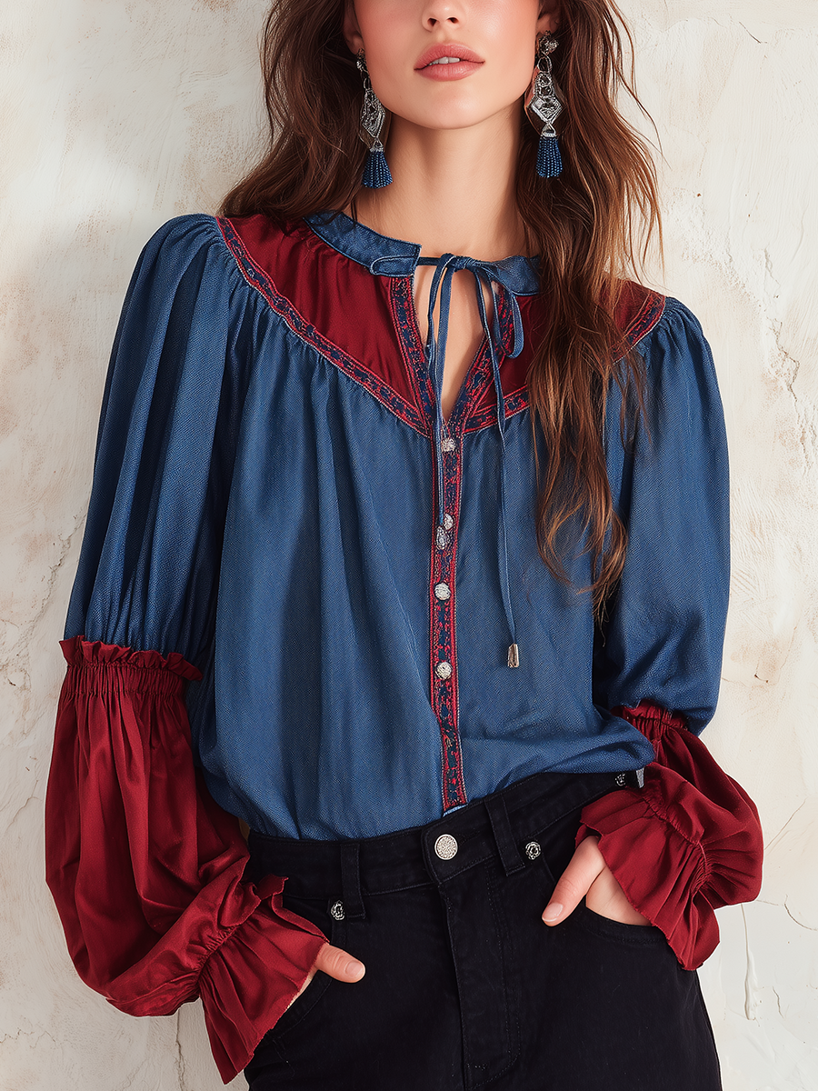 Artisan Indigo Blue Contrast-Panel Tie-Neck Blouse