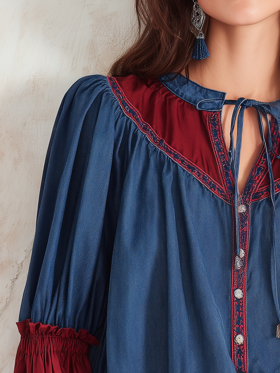 Artisan Indigo Blue Contrast-Panel Tie-Neck Blouse