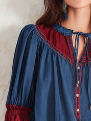 Artisan Indigo Blue Contrast-Panel Tie-Neck Blouse