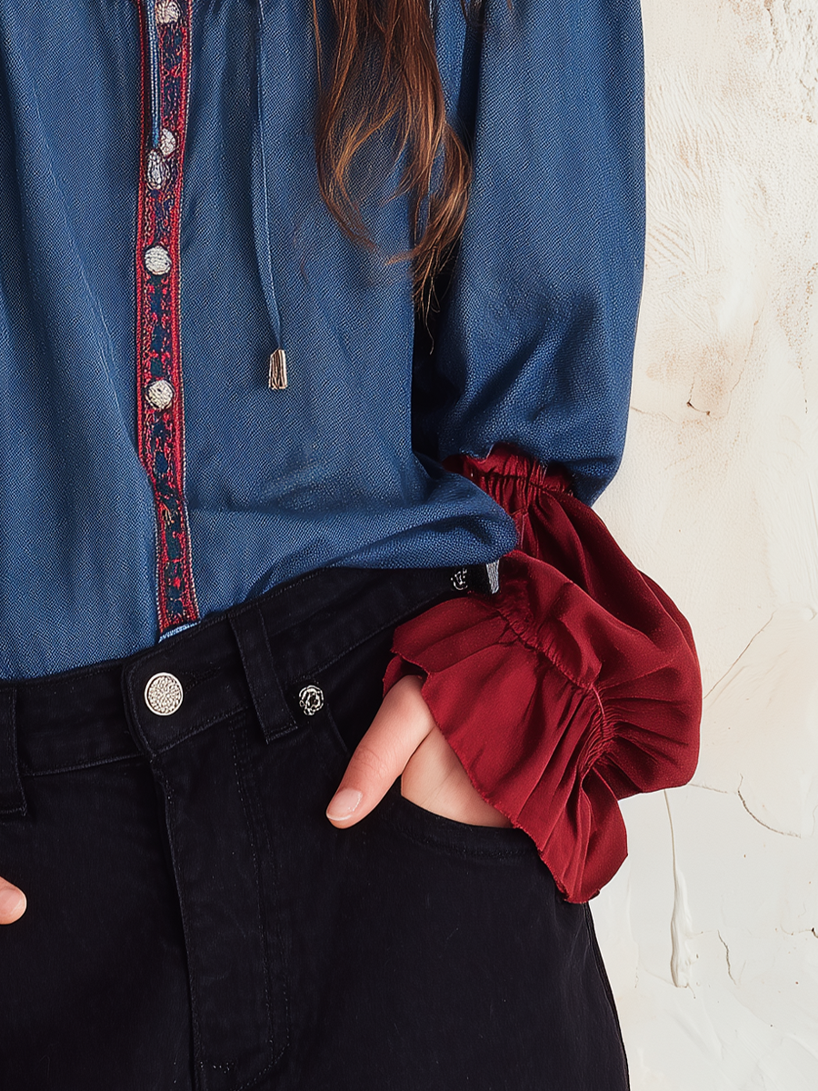 Artisan Indigo Blue Contrast-Panel Tie-Neck Blouse