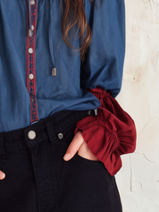 Artisan Indigo Blue Contrast-Panel Tie-Neck Blouse