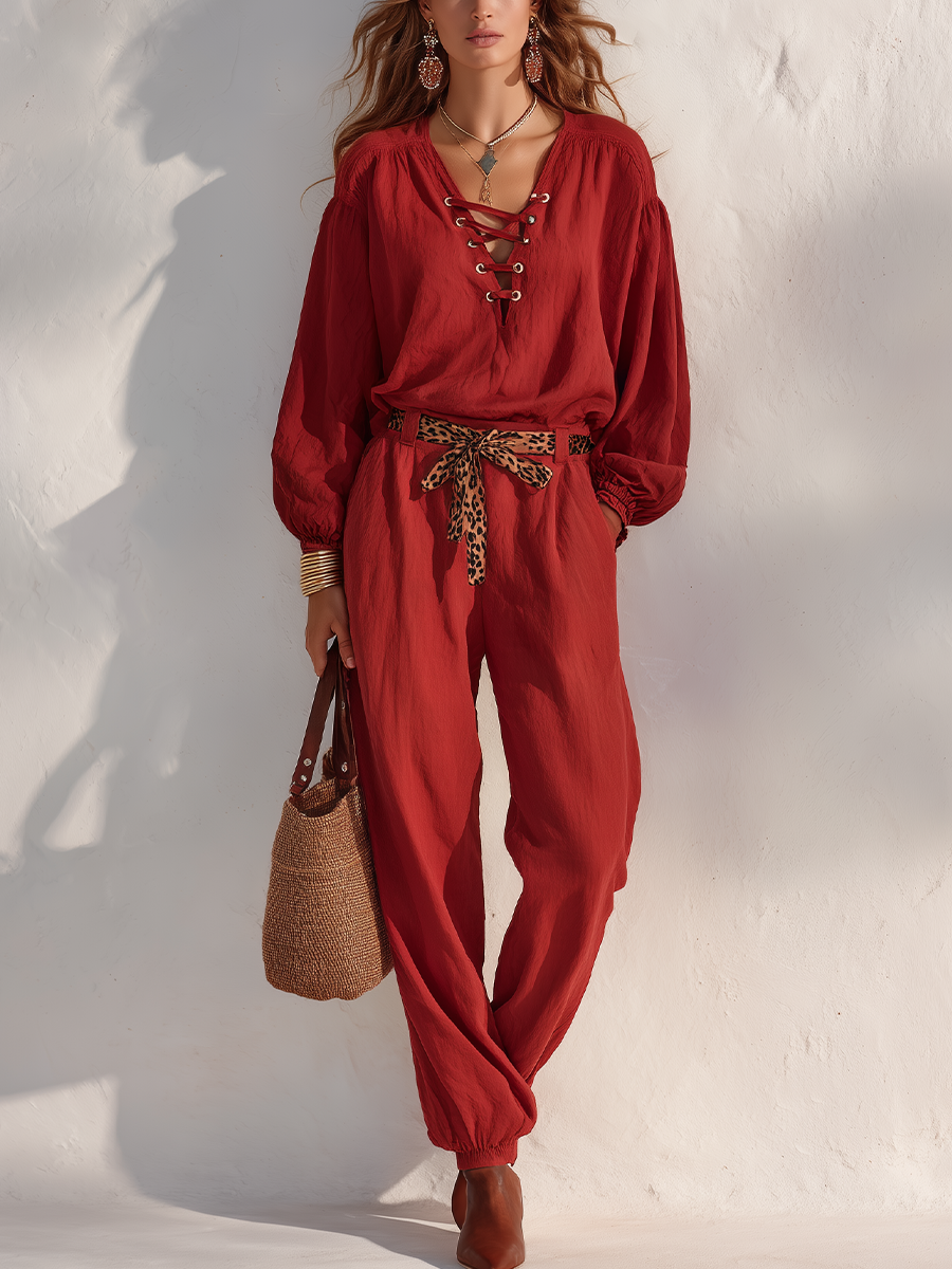 Bohemian Crimson Red Lace-Up Blouson Pant Set