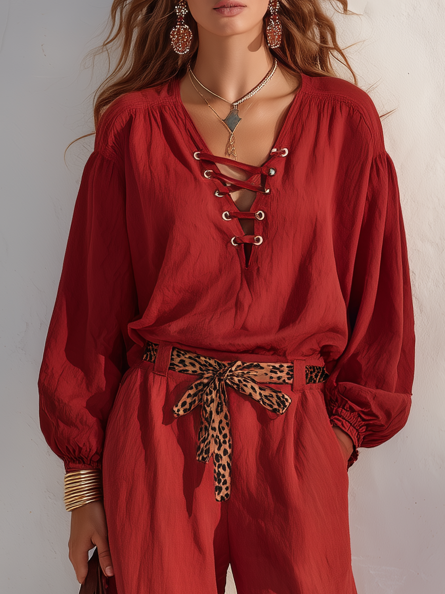 Bohemian Crimson Red Lace-Up Blouson Pant Set