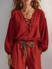 Bohemian Crimson Red Lace-Up Blouson Pant Set
