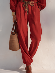 Bohemian Crimson Red Lace-Up Blouson Pant Set