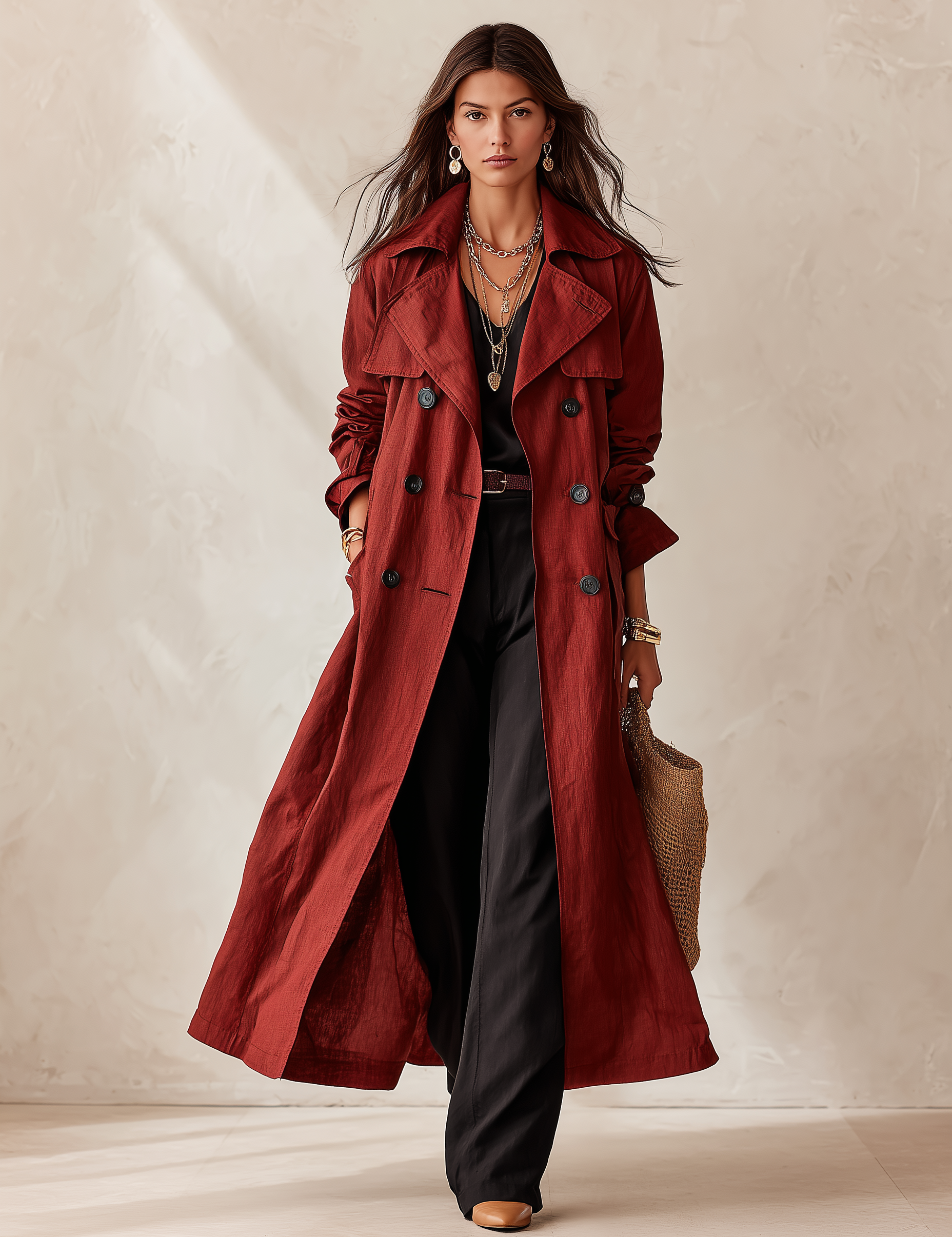 Elegant Cotton-Blend Double-Breasted Belted Longline Trench Coat