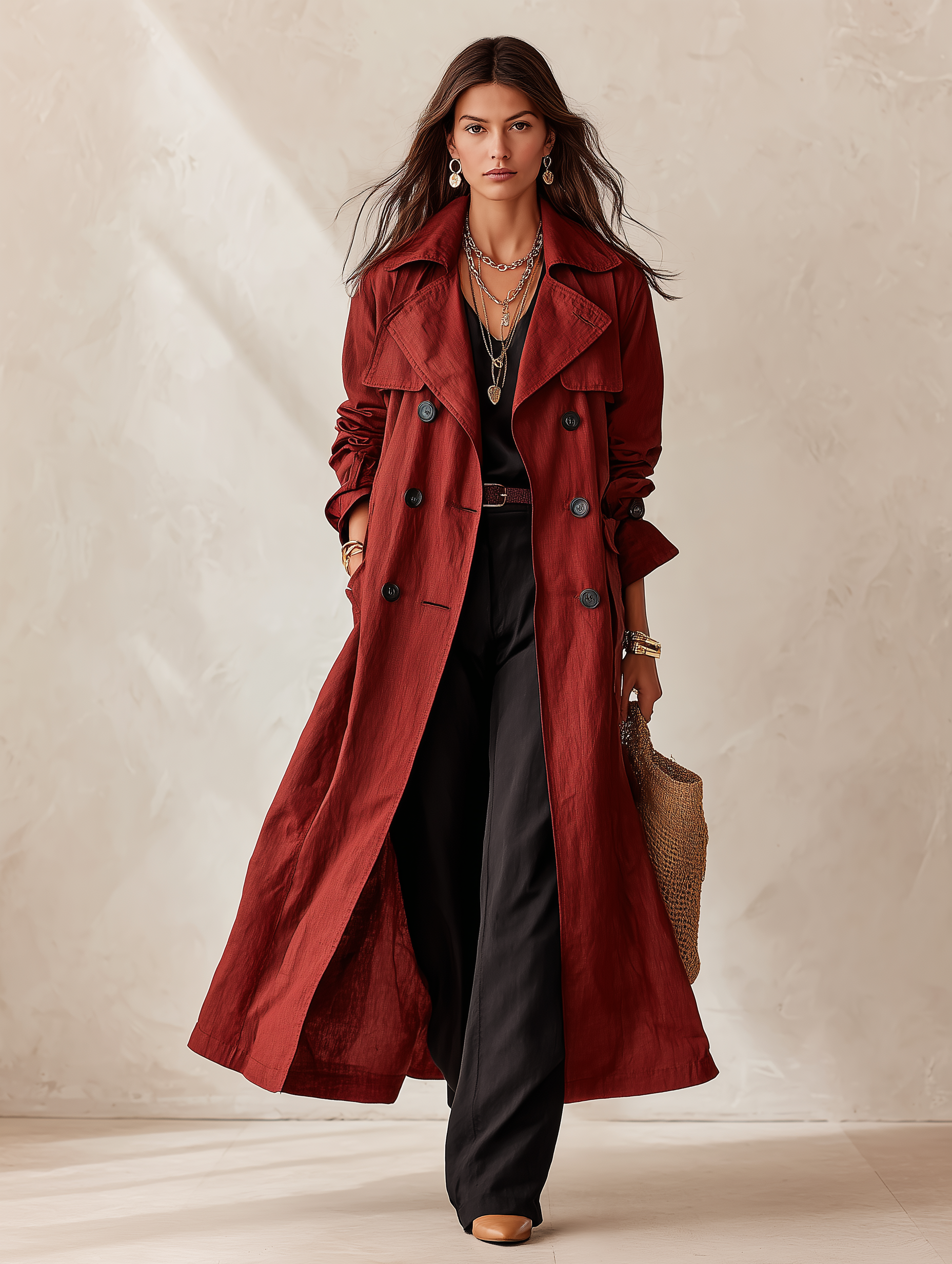 Elegant Cotton-Blend Double-Breasted Belted Longline Trench Coat