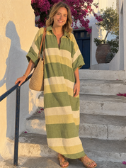 Bohemian Olive Striped Polo Collar Maxi Dress