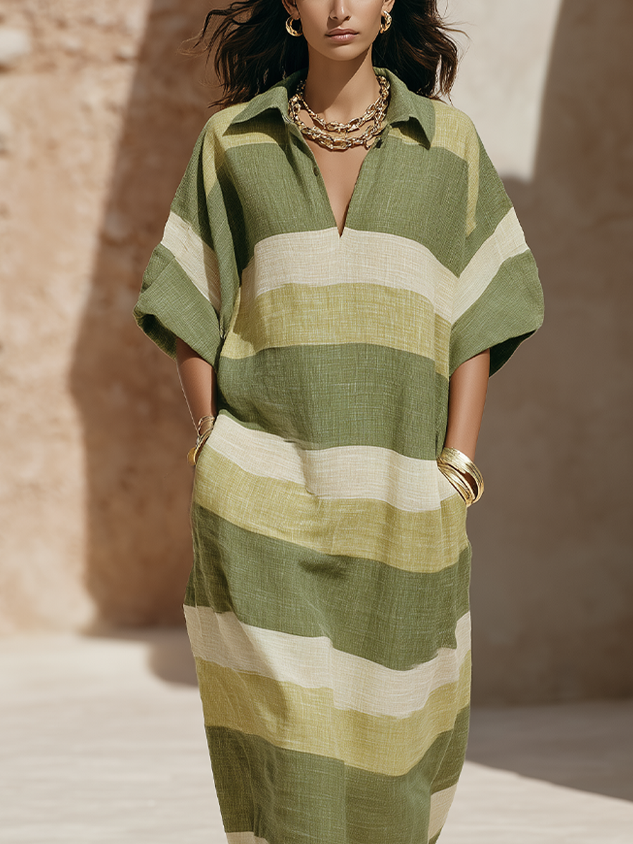 Bohemian Olive Striped Polo Collar Maxi Dress