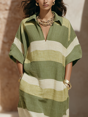 Bohemian Olive Striped Polo Collar Maxi Dress