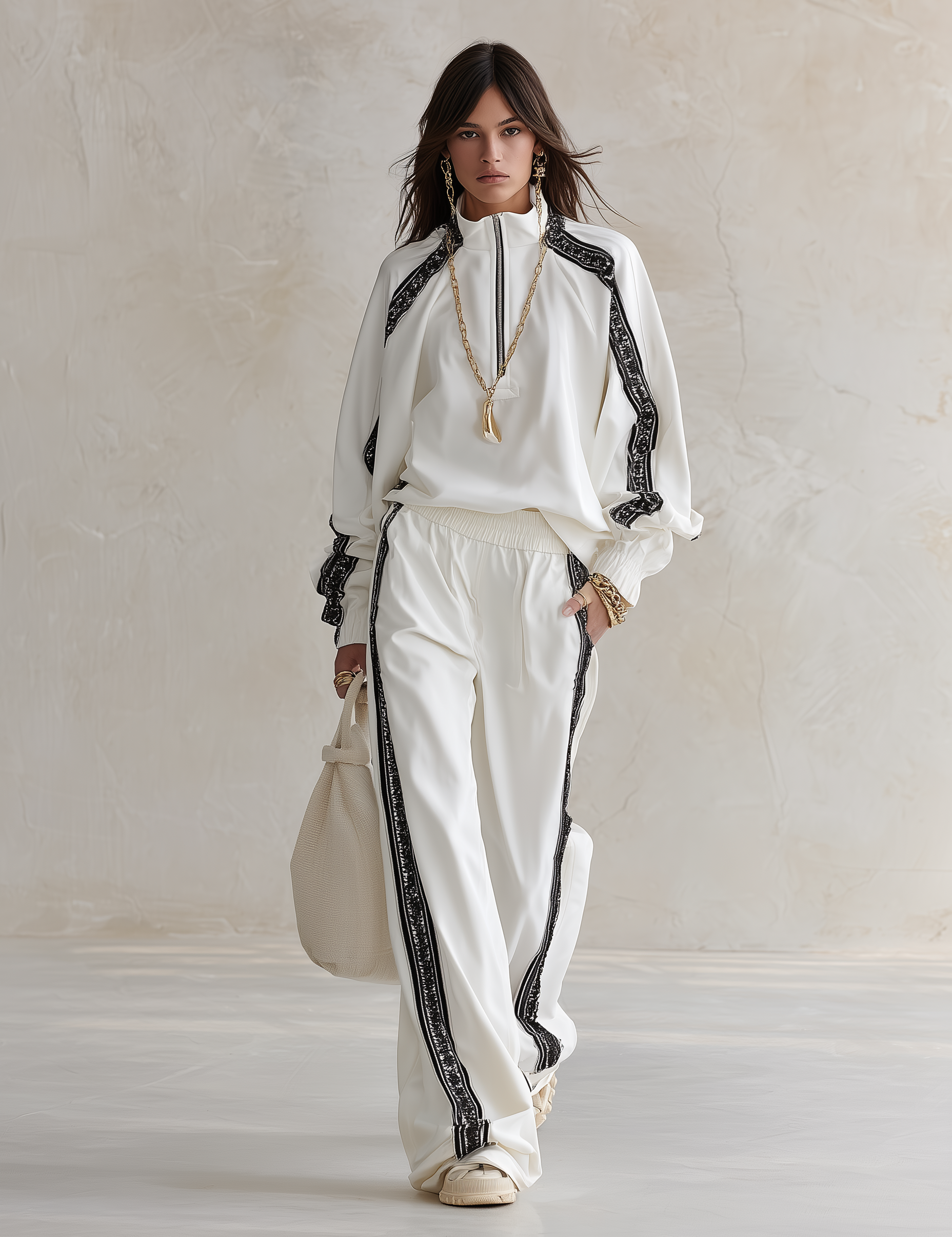 Sporty Chic Contrast Webbing Half-Zip Top & Wide-Leg Pants Co-Ord Set