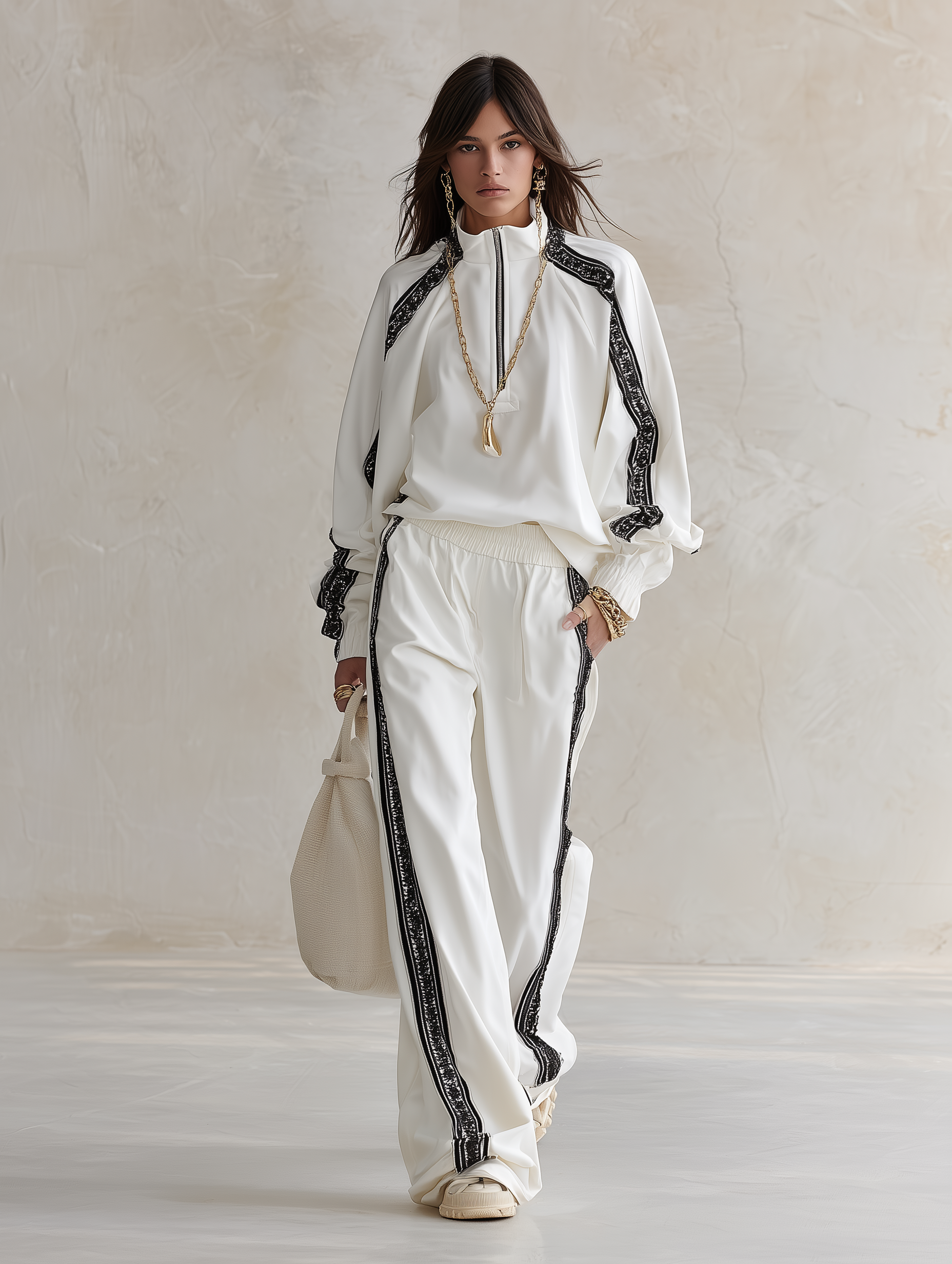 Sporty Chic Contrast Webbing Half-Zip Top & Wide-Leg Pants Co-Ord Set