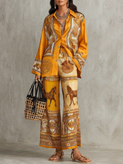 Baroque Print Long Sleeve Shirt & Wide Leg Pants Two-Piece Set