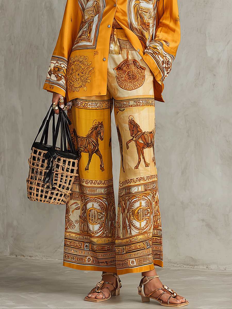 Baroque Print Long Sleeve Shirt & Wide Leg Pants Two-Piece Set