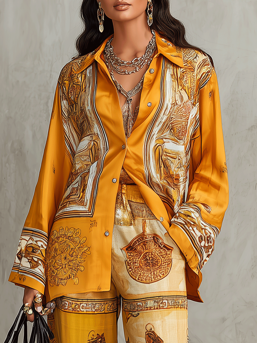 Baroque Print Long Sleeve Shirt & Wide Leg Pants Two-Piece Set