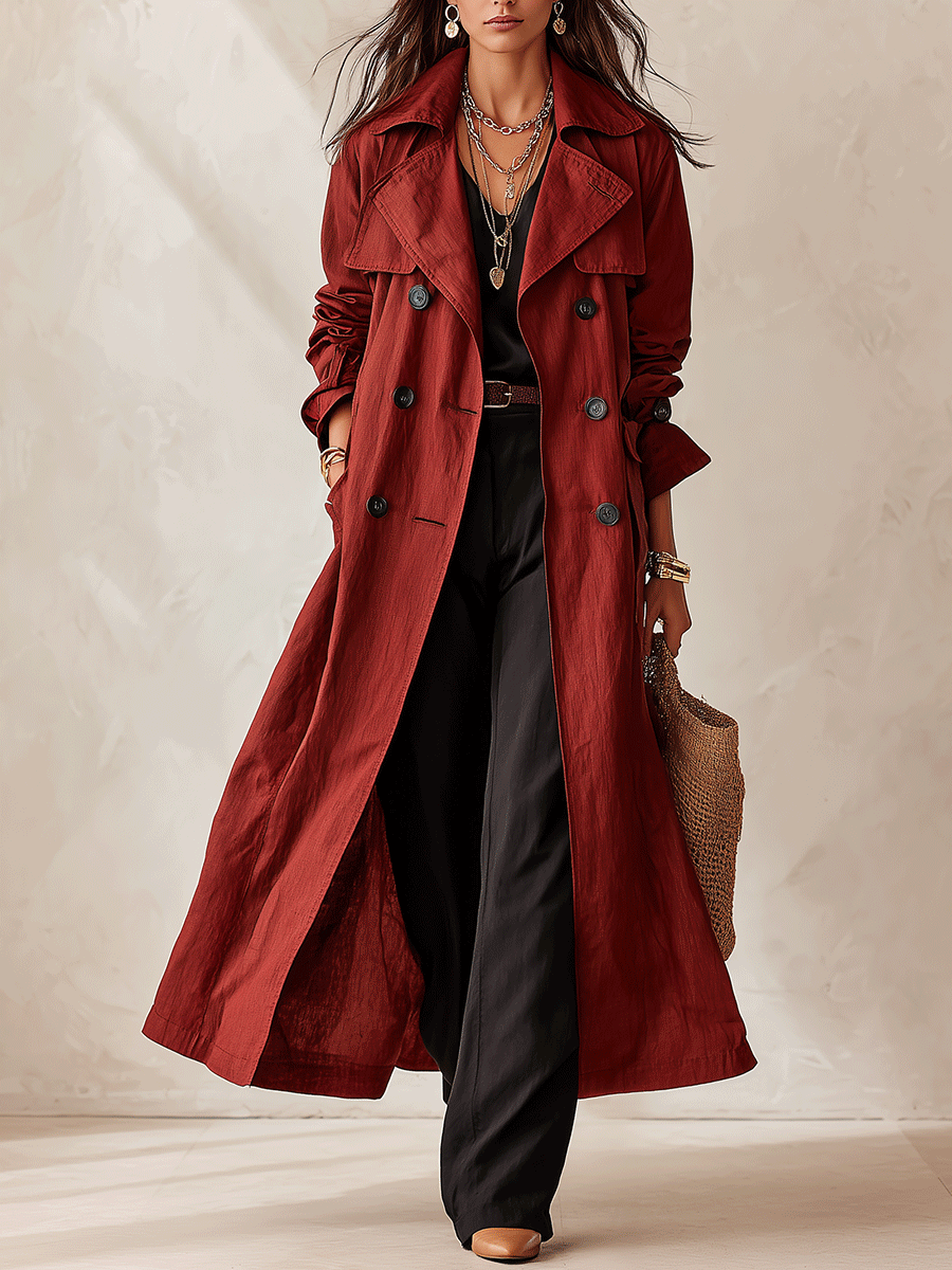 Elegant Cotton-Blend Double-Breasted Belted Longline Trench Coat