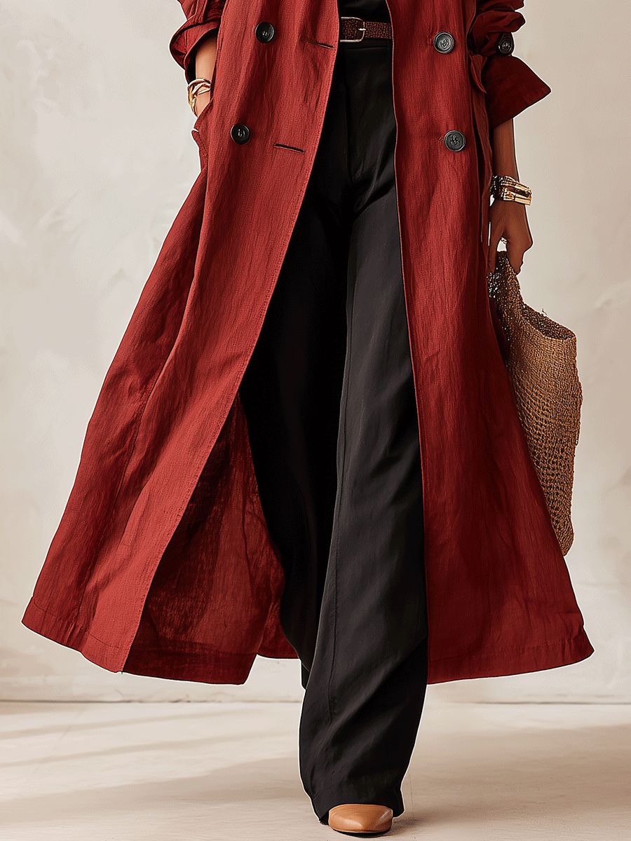 Elegant Cotton-Blend Double-Breasted Belted Longline Trench Coat