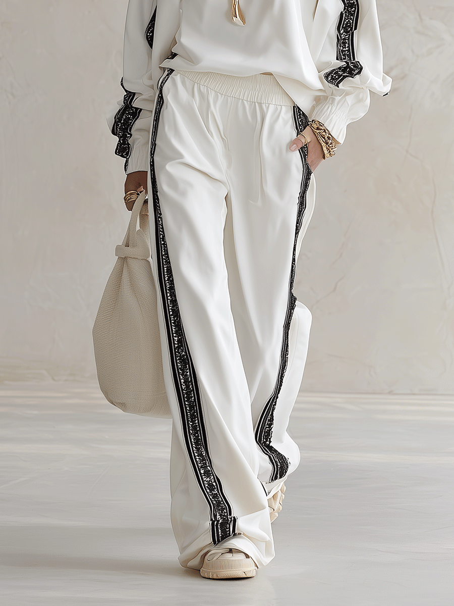 Sporty Chic Contrast Webbing Half-Zip Top & Wide-Leg Pants Co-Ord Set