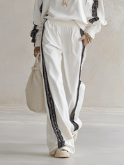 Sporty Chic Contrast Webbing Half-Zip Top & Wide-Leg Pants Co-Ord Set