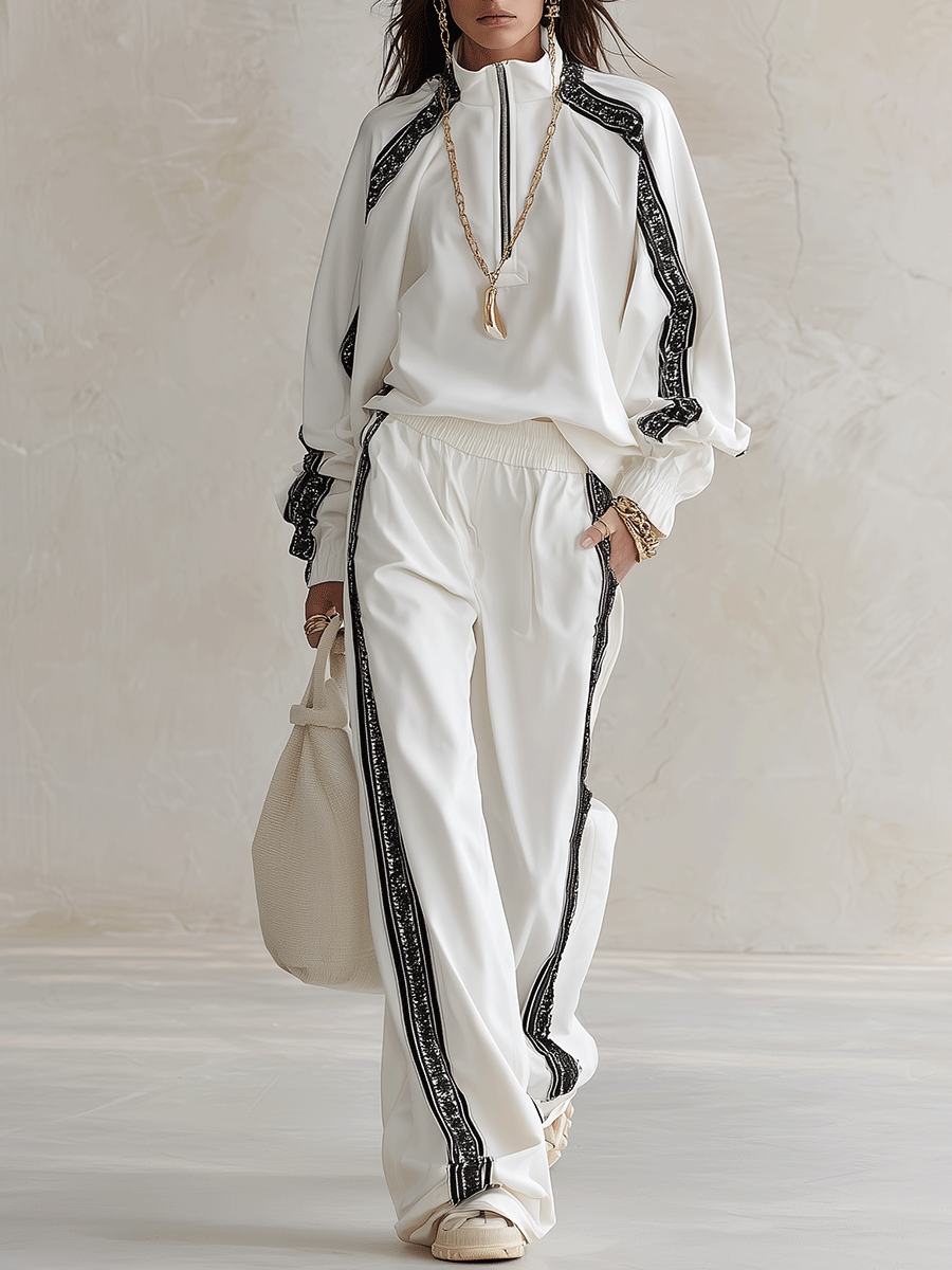Sporty Chic Contrast Webbing Half-Zip Top & Wide-Leg Pants Co-Ord Set