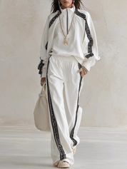 Sporty Chic Contrast Webbing Half-Zip Top & Wide-Leg Pants Co-Ord Set