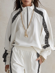 Sporty Chic Contrast Webbing Half-Zip Top & Wide-Leg Pants Co-Ord Set