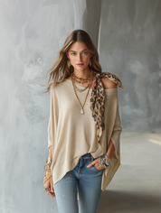 Effortless Boho Knit Oatmeal Leopard Scarf Sweater