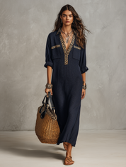 Leopard-Trim Collar Waffle Knit Maxi Shirt Dress