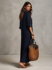 Leopard-Trim Collar Waffle Knit Maxi Shirt Dress