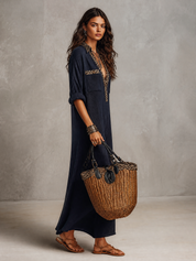 Leopard-Trim Collar Waffle Knit Maxi Shirt Dress