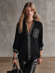 Women's Embellished Sequin Trim Oversized Blouse
