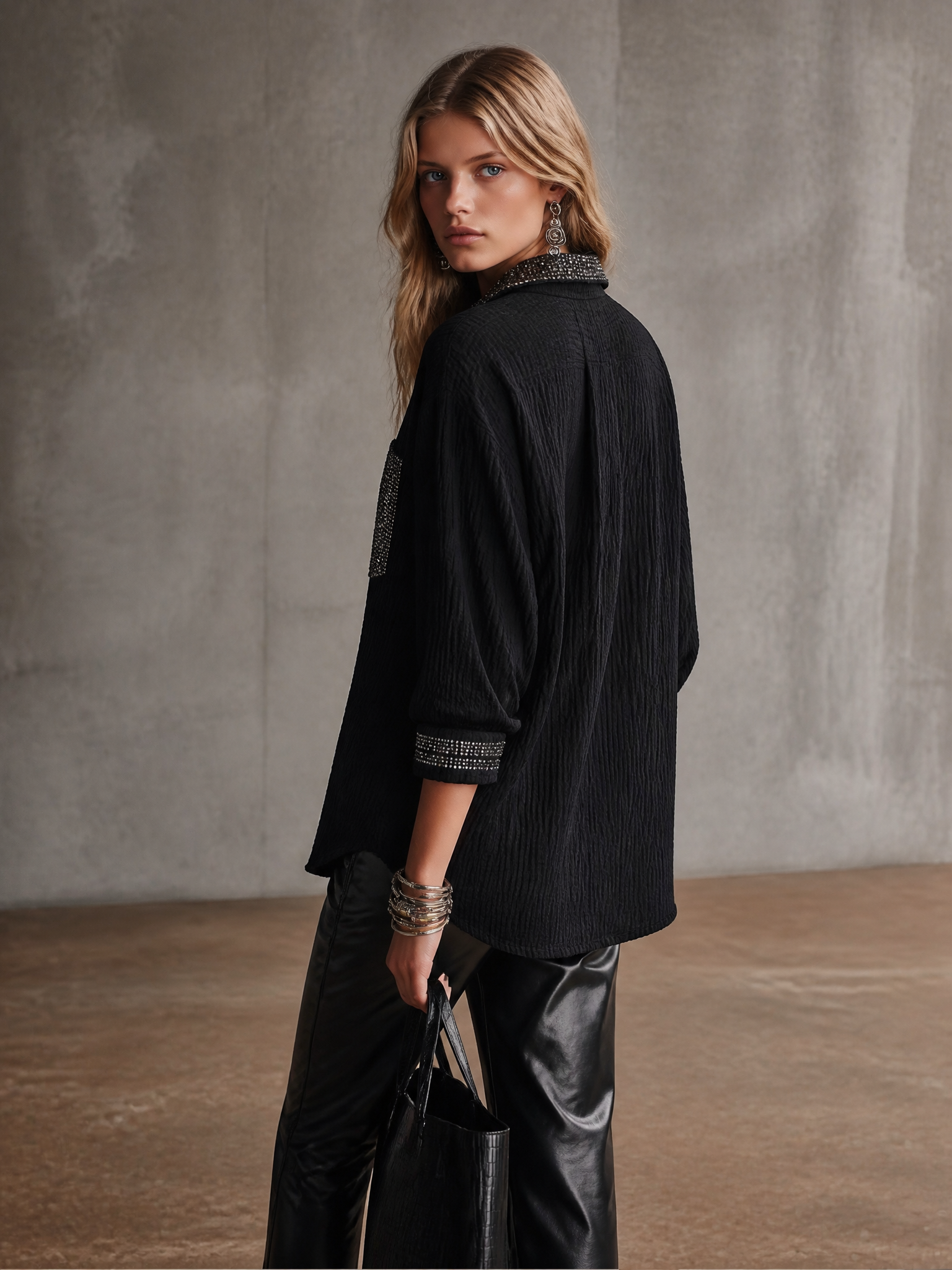 Women's Embellished Sequin Trim Oversized Blouse