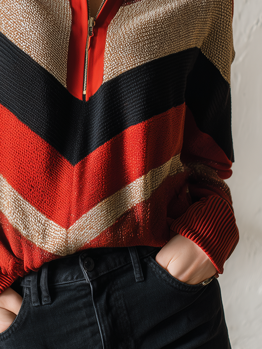 Distinctive Rust Multi-Color Chevron Zip Knit Top