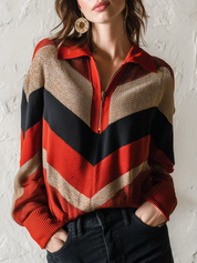 Distinctive Rust Multi-Color Chevron Zip Knit Top