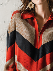 Distinctive Rust Multi-Color Chevron Zip Knit Top