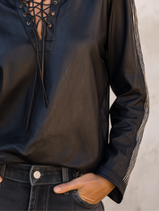 Contemporary Black Lace-Up Faux Leather Top