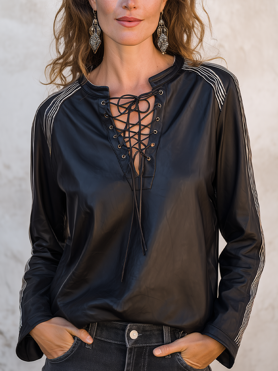 Contemporary Black Lace-Up Faux Leather Top