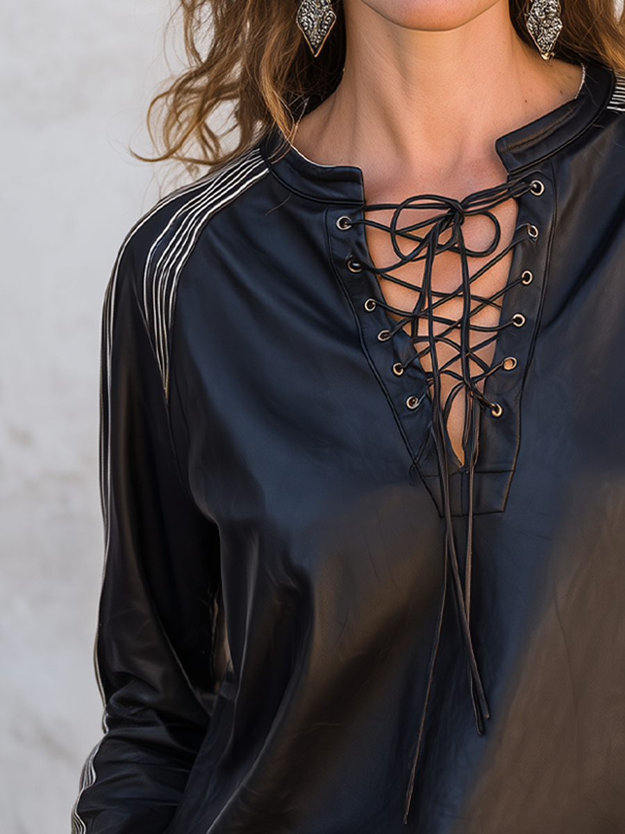 Contemporary Black Lace-Up Faux Leather Top
