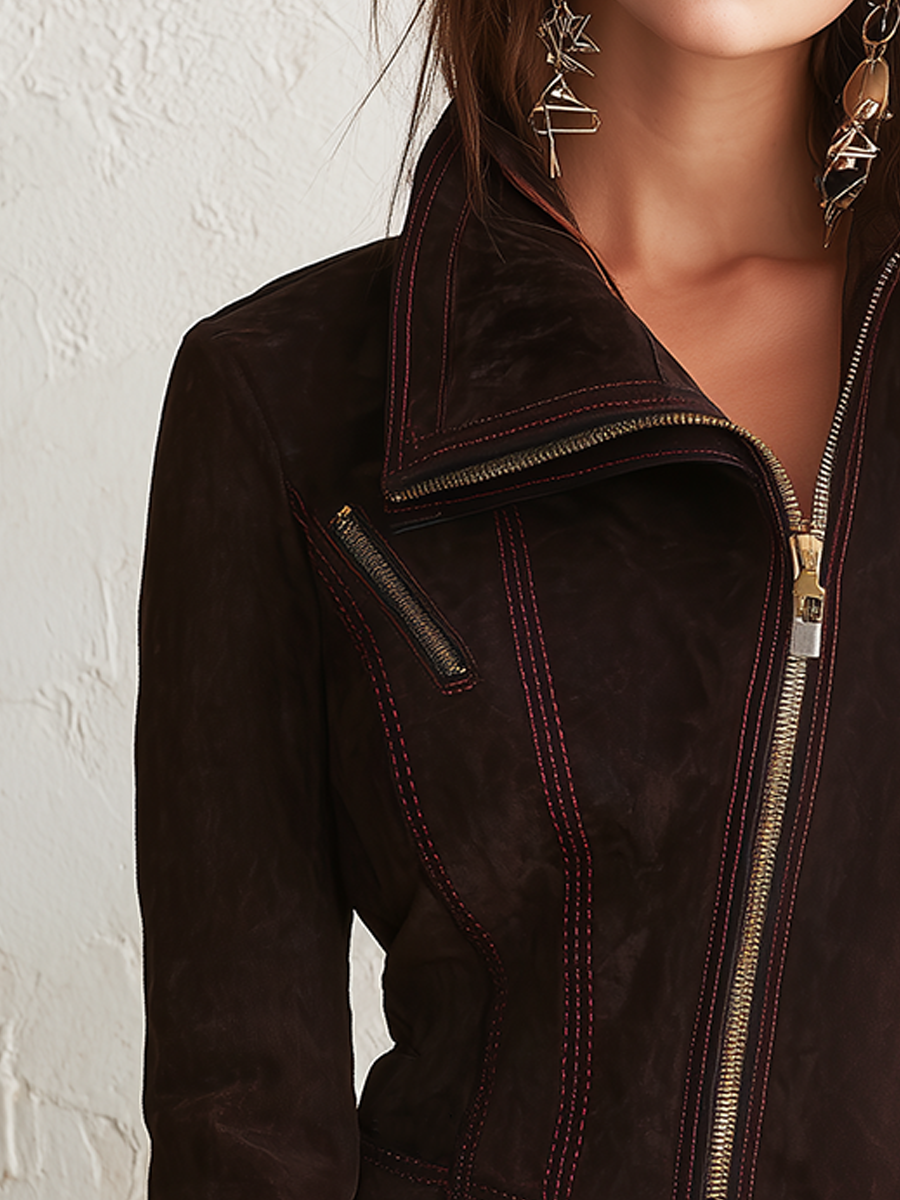 Refined Espresso Contrast-Stitch Moto Jacket