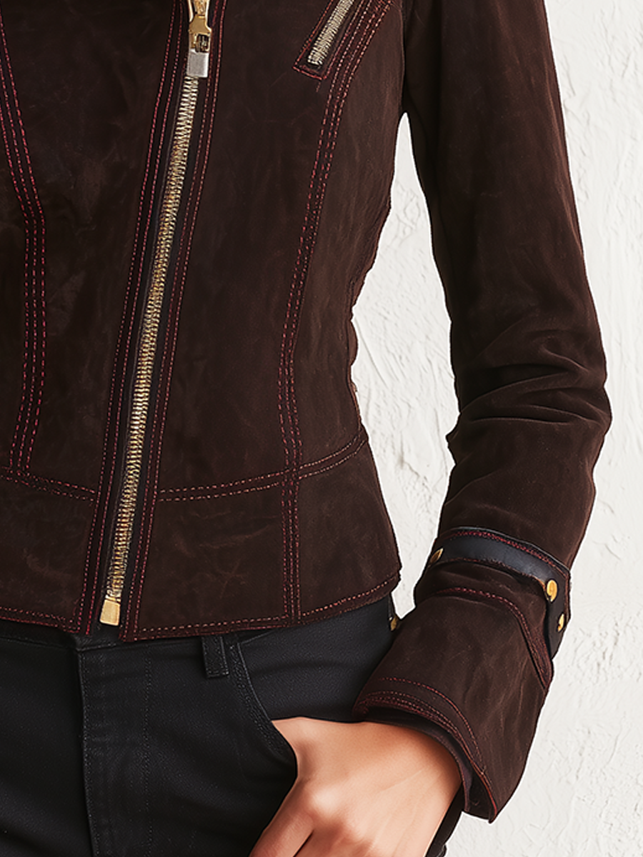 Refined Espresso Contrast-Stitch Moto Jacket