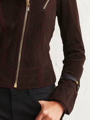 Refined Espresso Contrast-Stitch Moto Jacket