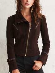 Refined Espresso Contrast-Stitch Moto Jacket