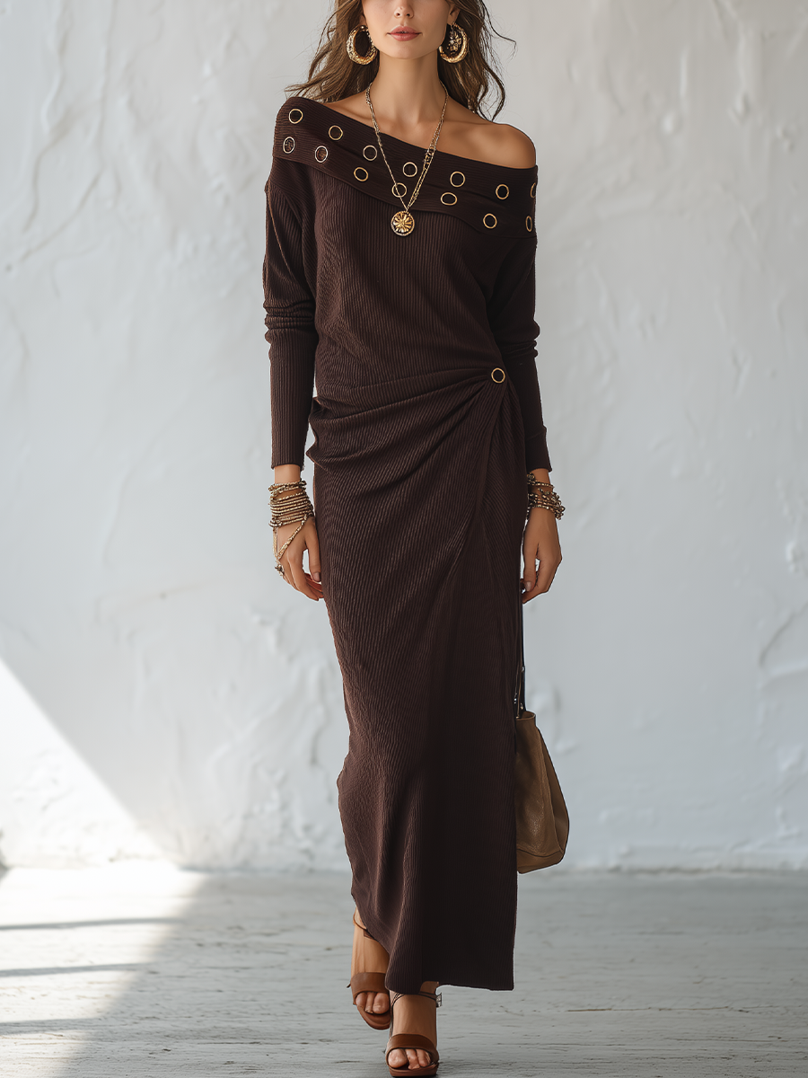 Sophisticated Chocolate Grommet Off-Shoulder Maxi Dress